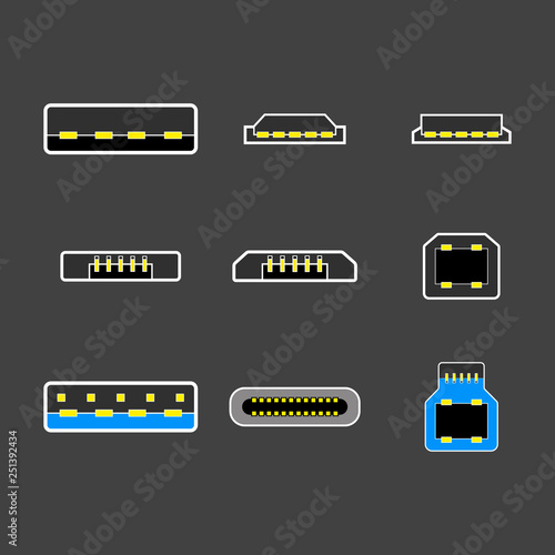 USB type A, B and USB type C plugs, micro, lightning, universal computer white cable connectors, top view vector illustration
