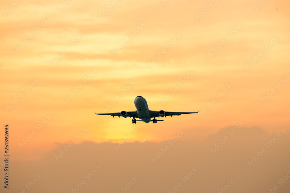Fototapeta premium airplane taking off airport sky-diving industry cargo business, concept: passenger Commercial modern navigable Travel and business,Silhouette aircraft is flying above skyline sun