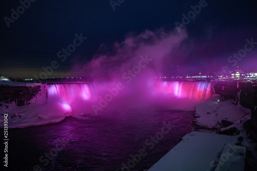 Niagara Falls CANADA - February 23  2019  Beautiful night Winter frozen idyll at Horseshoe Falls illuminated with colorful lights  the Canadian side of Niagara Falls