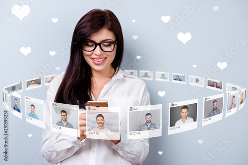 Close up photo texting she her lady hold smartphone online sit internet repost like pick choose choice illustration pictures guys dating site futuristic creative design isolated grey background photo
