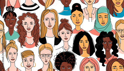 Women's head background grunge line drawing doodle poster seamless pattern