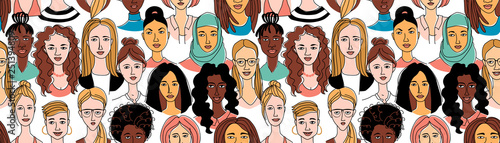 Women's head background grunge line drawing doodle poster seamless pattern