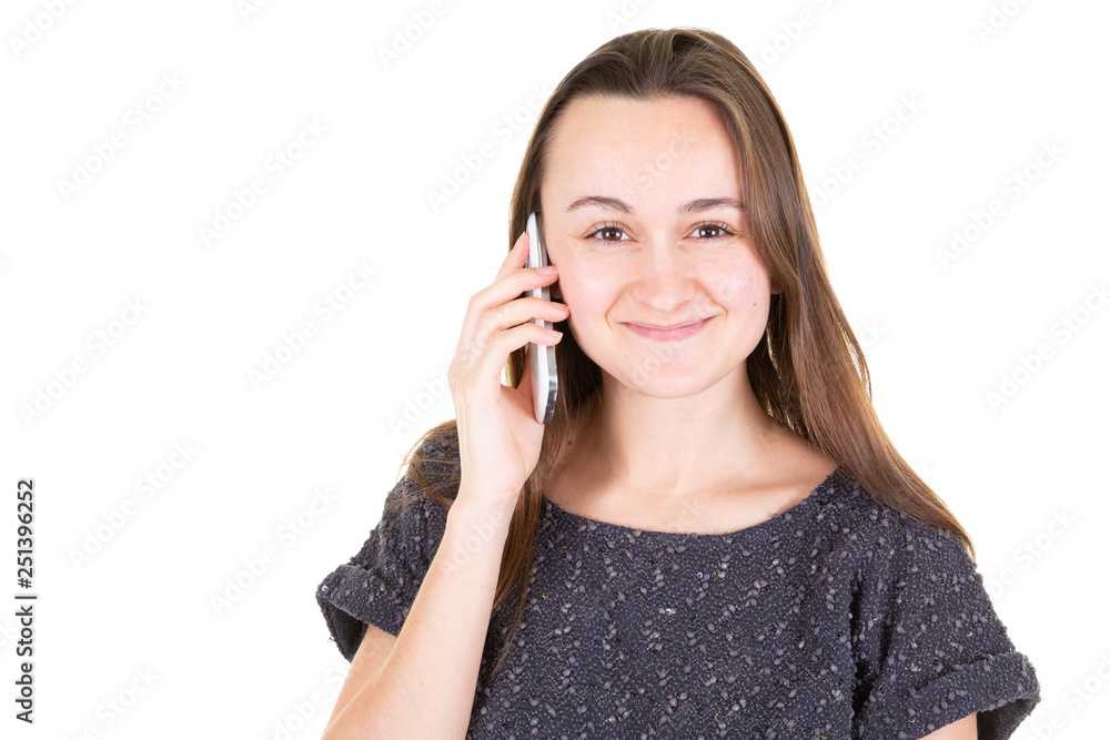 Beautiful young girl talking on the phone in Studio isolated white background beauty cheerful and positive Beautiful young girl talking on the phone in Studio isolated white background beauty cheerful and positive