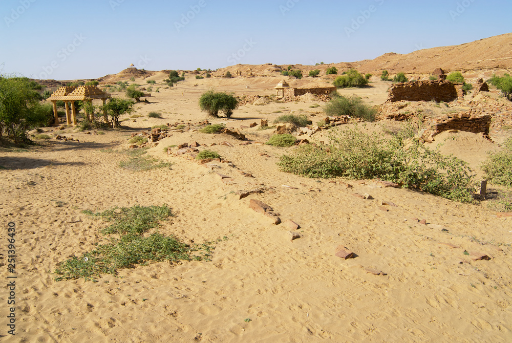 Ruins of the mysterious Kuldhara abandoned settlement in the desert near Jaisalmer, India.