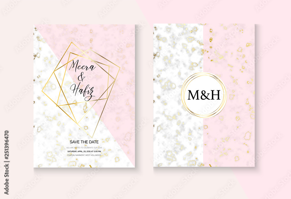 Elegant Marble Wedding Invitation Vector Set. Marbling Texture, Pink, Grey, White Invitation Card. RSVP, Thank You Card, Grunge Design or Poster. Noble Soft Faded Nice Fashion Marble Wedding Kit