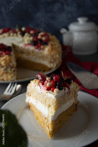 Wallpaper Mural Vegan delicious carrot and orange cake decorated with berries. Healthy dessert. Grey background. Piece of cake. Torontodigital.ca