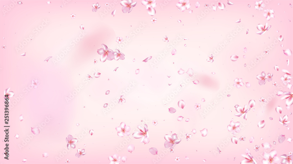 Nice Sakura Blossom Isolated Vector. Spring Flying 3d Petals Wedding Pattern. Japanese Blurred Flowers Wallpaper. Valentine, Mother's Day Beautiful Nice Sakura Blossom Isolated on Rose