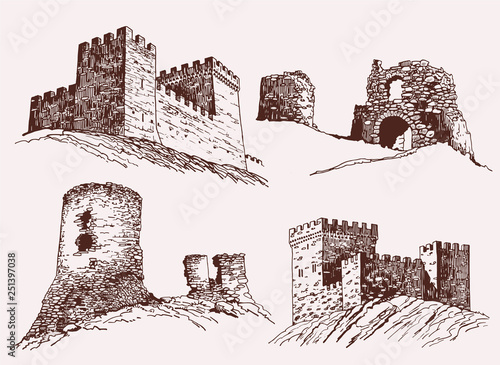 Stampa su tela Graphical vintage set of sightseeing , famous castles of the world,vector sketch