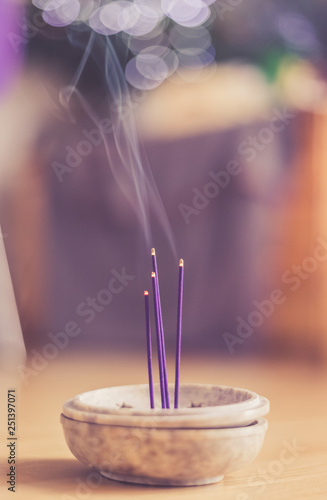 Smoking and smelling joss sticks at home, feng shui; Copy space photo