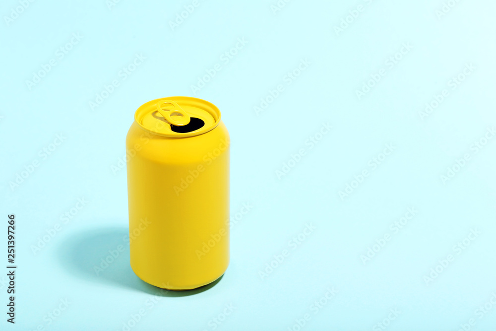 Aluminum can on yellow background. Minimalism concept Aluminum can on yellow background. Minimalism concept