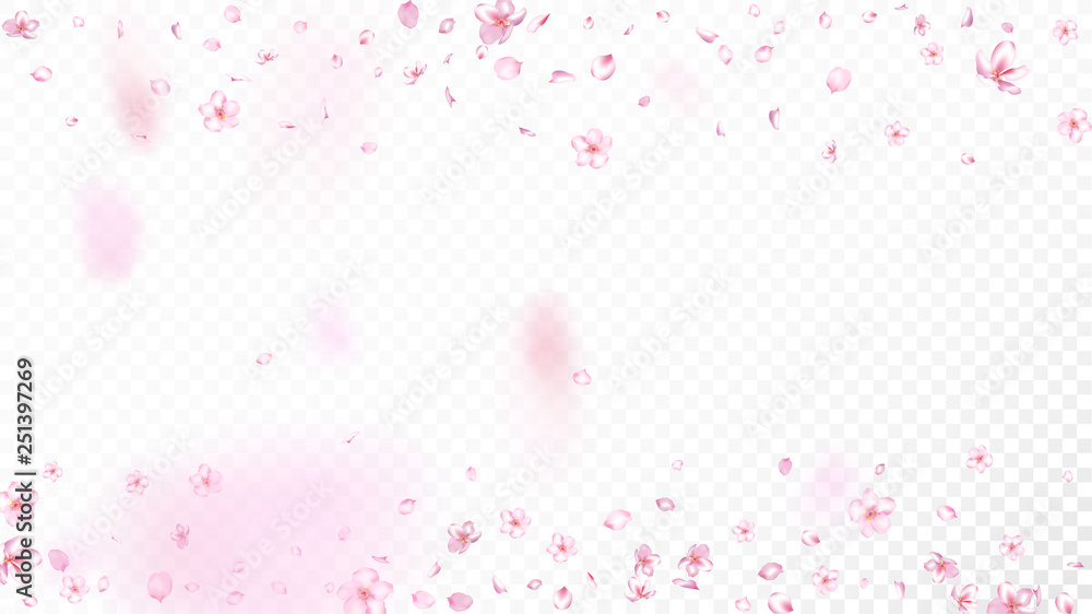 Nice Sakura Blossom Isolated Vector. Magic Showering 3d Petals Wedding Border. Japanese Gradient Flowers Wallpaper. Valentine, Mother's Day Feminine Nice Sakura Blossom Isolated on White