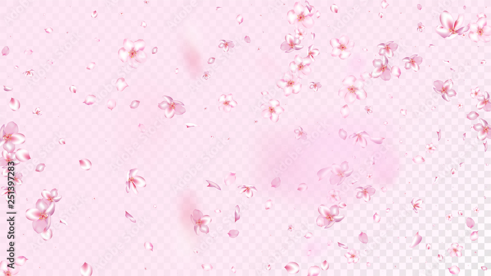 Nice Sakura Blossom Isolated Vector. Feminine Flying 3d Petals Wedding Frame. Japanese Funky Flowers Illustration. Valentine, Mother's Day Realistic Nice Sakura Blossom Isolated on Rose