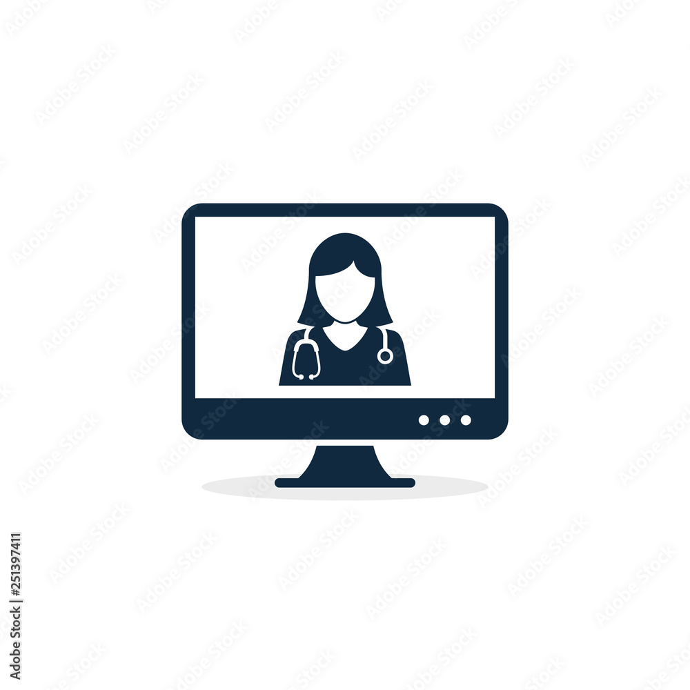 Online doctor in computer screen icon, vector illustration. Medical online consultation