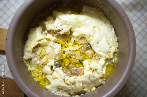 mayonnaise, baked chicken in a saucepan