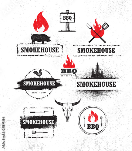 Smokehouse Barbecue Meat On Fire Menu Artisanal Vector Design Element. Outdoor Meal Creative Rough Sign