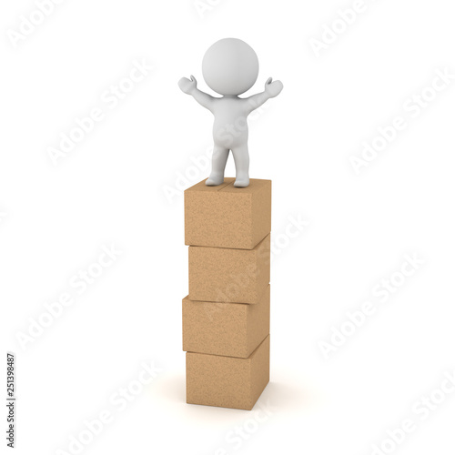 3D Character Standing on Stack of Cardboard Boxes