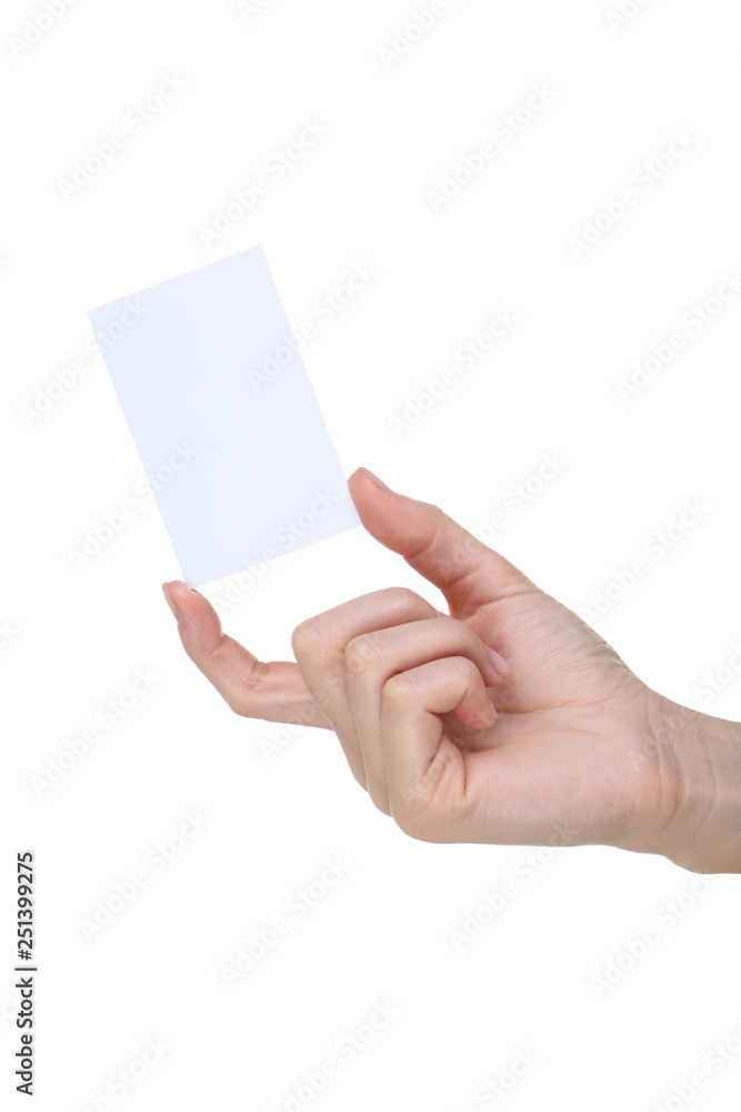 Female hand holding blank card on white background Female hand holding blank card on white background