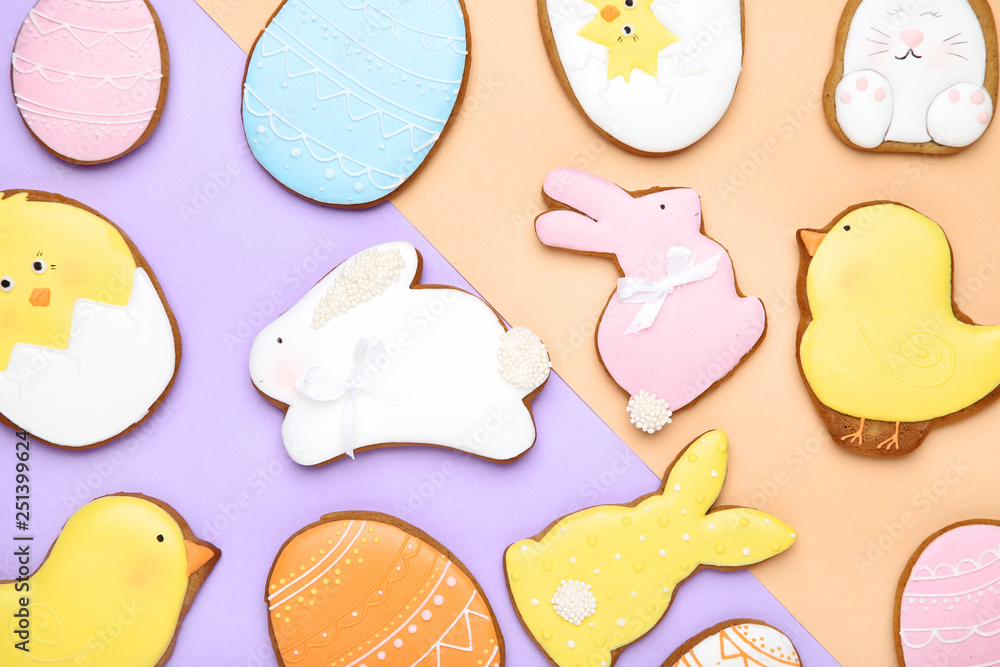 Easter gingerbread cookies on colorful background