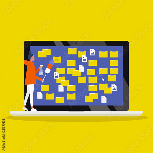 Young female character cleaning up the desktop folders. Digital hygiene. Computer files. Mess. Conceptual vector illustration, clip art