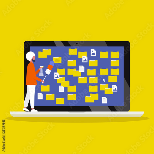 Young indian character cleaning up the desktop folders. Digital hygiene. Computer files. Mess. Conceptual vector illustration, clip art