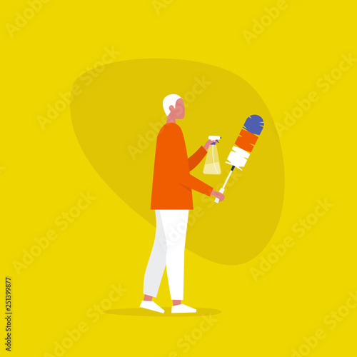 Young male character holding a feather duster and a bottle of cleaning spray. Cleaning the apartment.. Domestic chores. Flat editable vector illustration, clip art