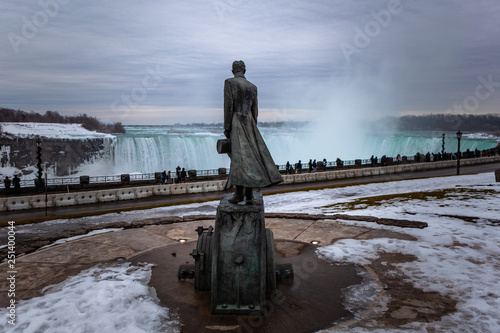 Niagara Falls CANADA - February 23, 2019: Nikola Tesla Sculpture in Queen Victoria Park in Niagara Falls, Canada. The monument was designed by sculptor Les Drysdale and opened in 2006.