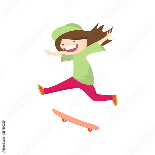 Happy smiling girl skateboarding fast and doing trick at the same time isolated on white background