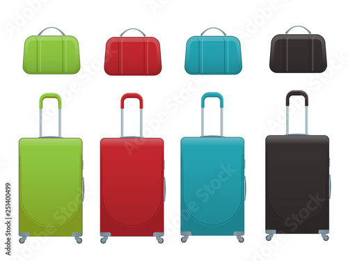 Different colorful Business and family vacation travel luggage bag, handbag baggage modern. Set of suitcases and backpacks isolated on white.