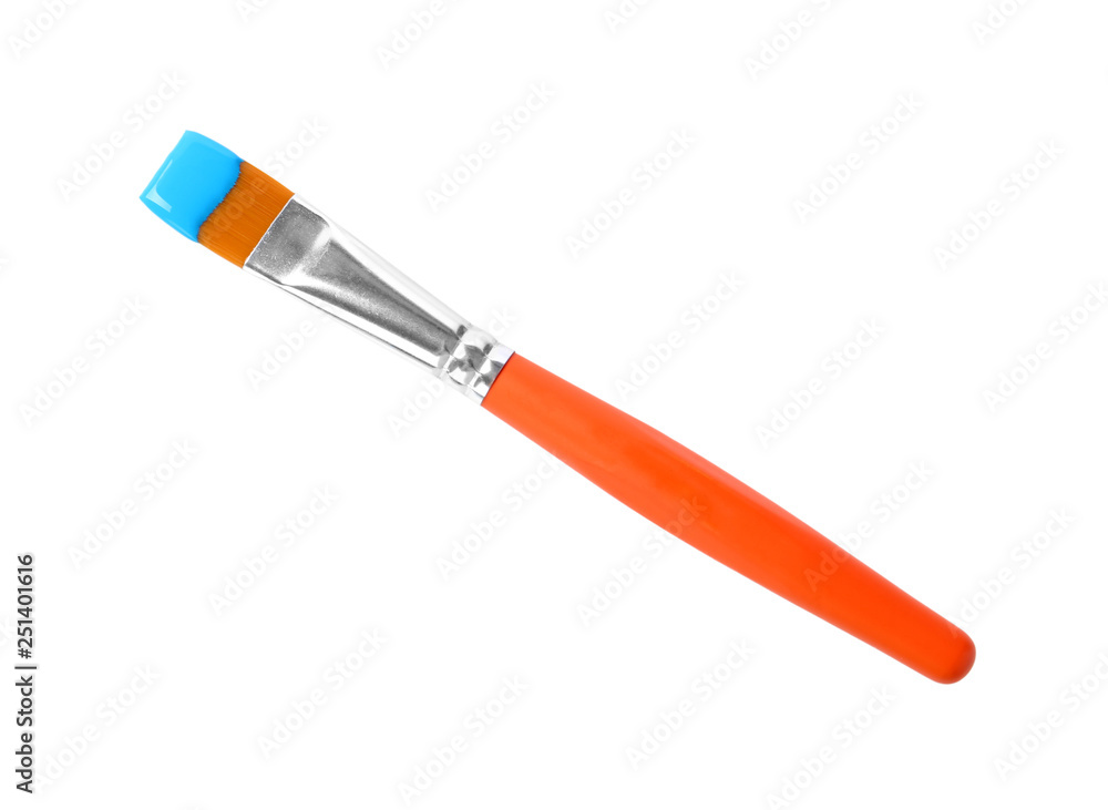 Brush with color paint on white background, top view Brush with color paint on white background, top view