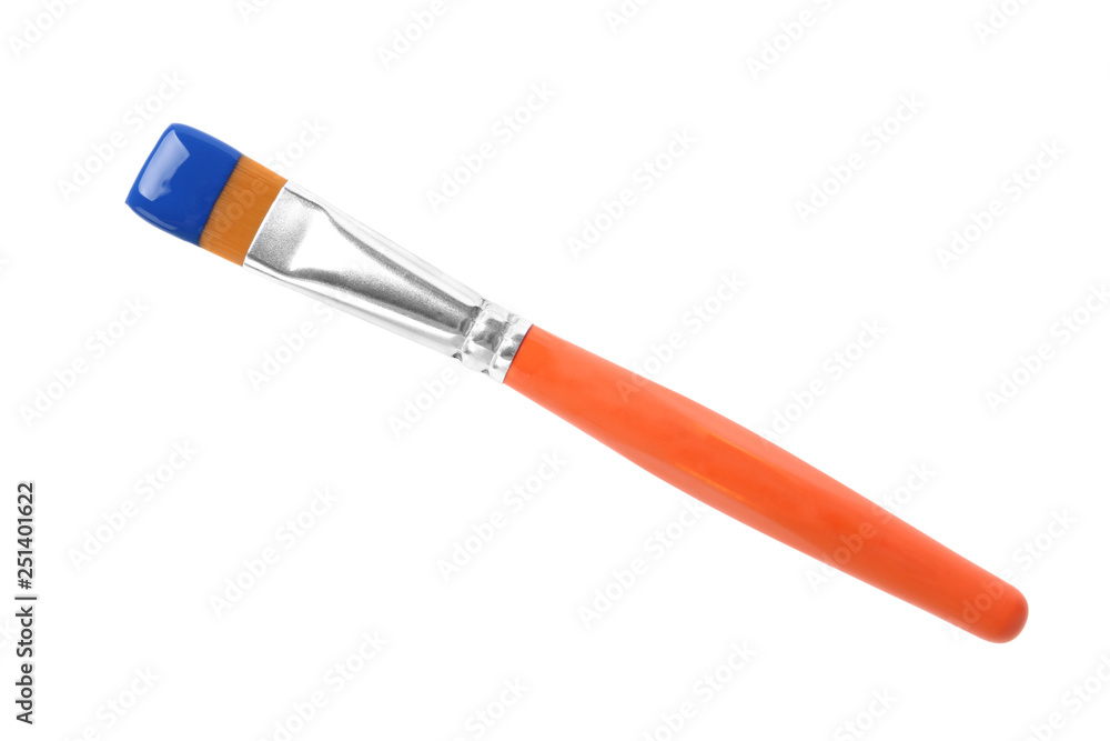 Brush with color paint on white background, top view Brush with color paint on white background, top view