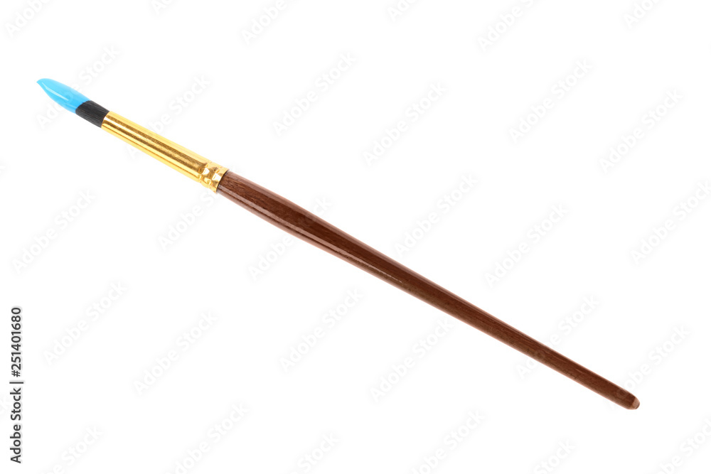 Brush with color paint on white background, top view Brush with color paint on white background, top view