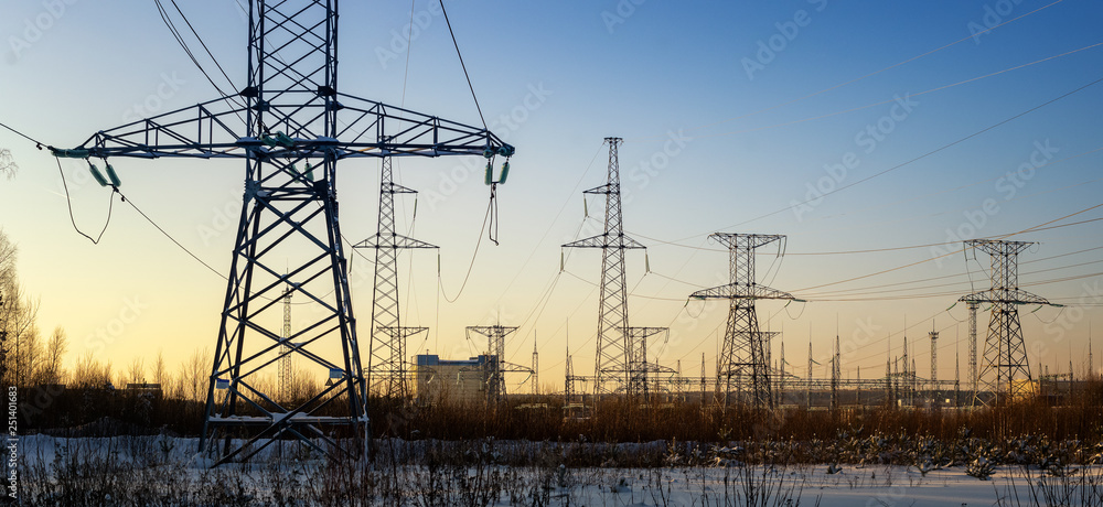 panorama Beloyarsk nuclear power plant with power lines, Russia, Ural, winter