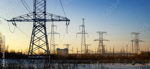 panorama Beloyarsk nuclear power plant with power lines, Russia, Ural, winter