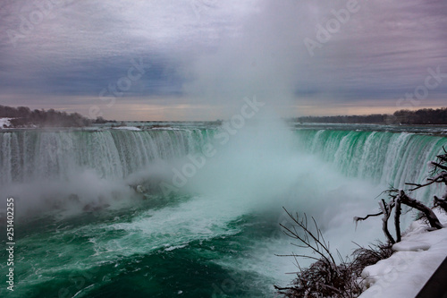 Niagara Falls CANADA - February 23, 2019: Winter frozen idyll at Horseshoe Falls, the Canadian side of Niagara Falls, view showing as well as the upper Niagara River