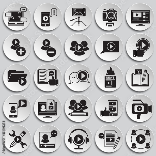 Video Blog icons set on plates background for graphic and web design, Modern simple vector sign. Internet concept. Trendy symbol for website design web button or mobile app