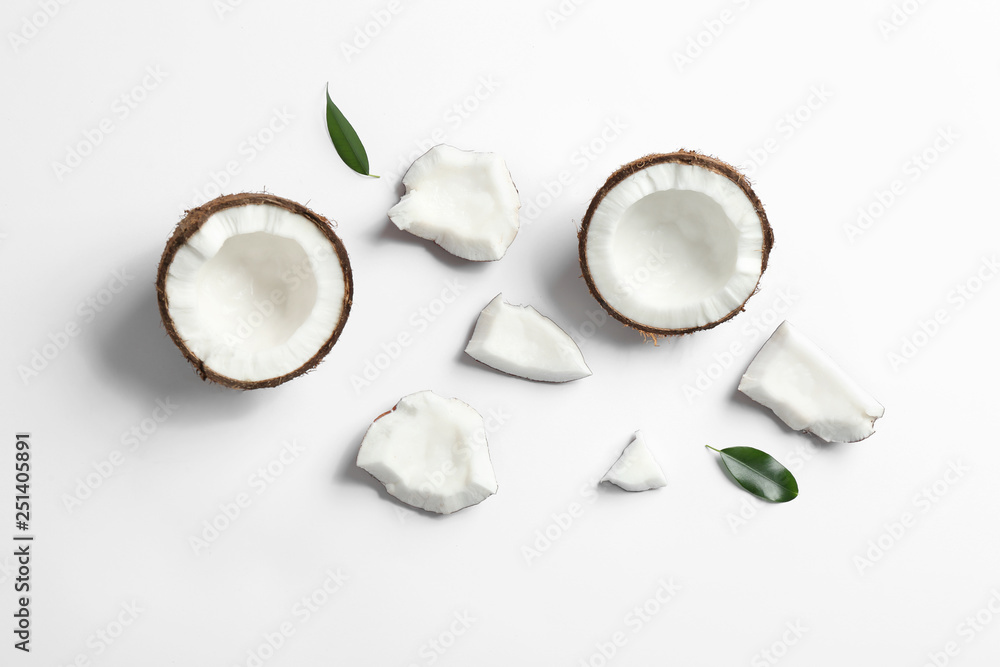 Composition with coconuts on white background, top view Composition with coconuts on white background, top view
