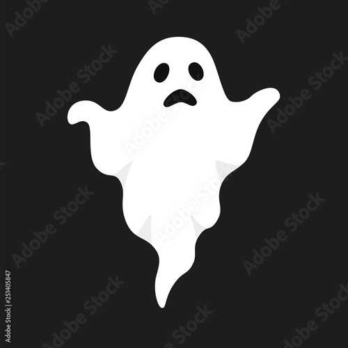 Vector illustration of white ghost. Halloween spooky monster, scary spirit or poltergeist flying in night.