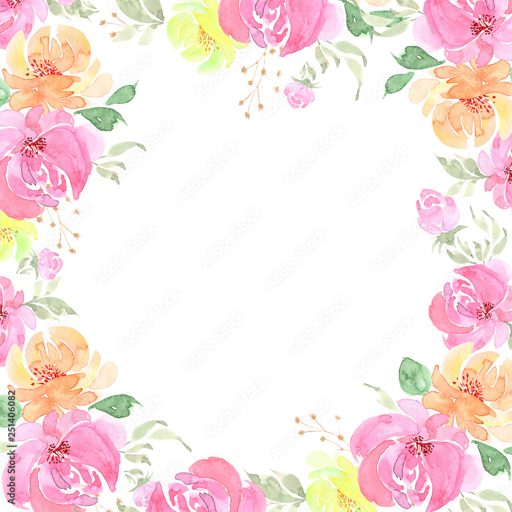 watercolor frame with roses flowers background