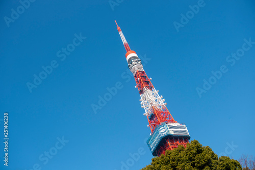 Tokyo, Japan: February 20, 2018: Tokyo Tower in Tokyo Japan with blue sky . Tokyo Tower was built in 1958.