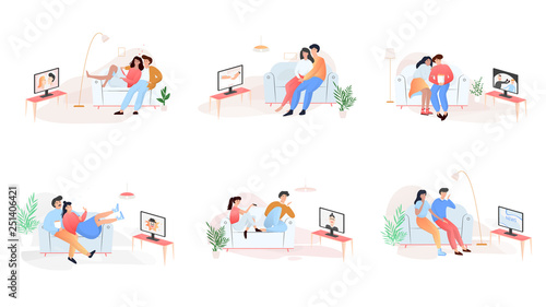 Couple watch various TV show. People sitting
