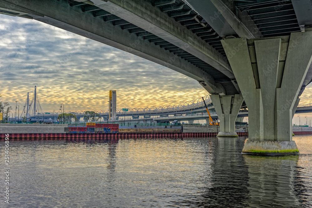 Cable-stayed bridge over Neva river on Western Rapid Diameter highway in St. Petersburg, Russia. Cable-stayed bridge over Neva river on Western Rapid Diameter highway in St. Petersburg, Russia.