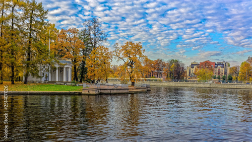 The Granite pier pavilion with the flagstaff on the embankment of Elagin Island spit in Saint-Petersburg, Russia. photo