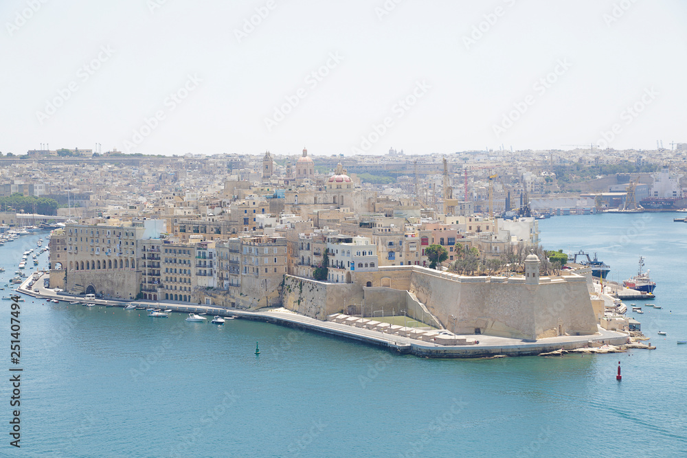 Panoramic view of Senglea fortified city seen from the Upper Barrakka Gardens.