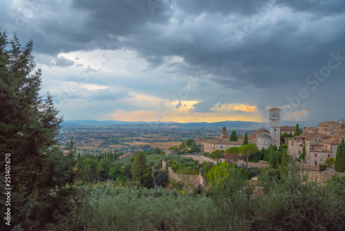 Assisi panoramic view, the town in province of Perugia, Italy, Umbria region. It is the birthplace of St. Francis, who founded the Franciscan religious order in the town in 1208.