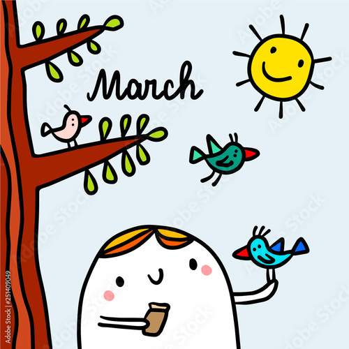 March hand drawn illustration with cute marshmallow feeding bird