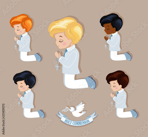 Set of design elements for First Communion for boys. Vector illustration for religious holidays.
