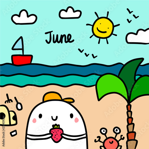 June hand drawn illustration with cute marshmallow on the beach