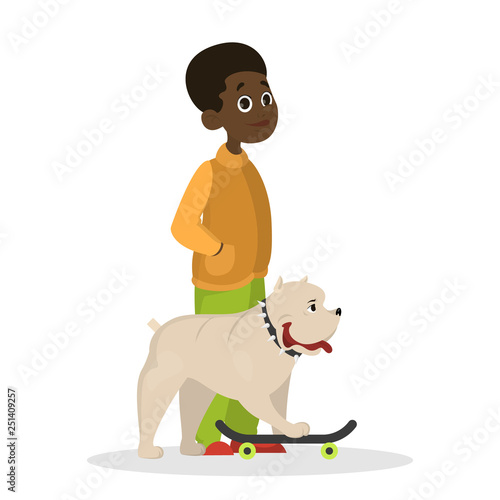Child boy play with a dog. Happy kid