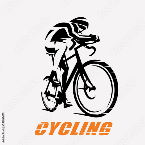 cycling race stylized symbol, outlined cyclist vector silhouette