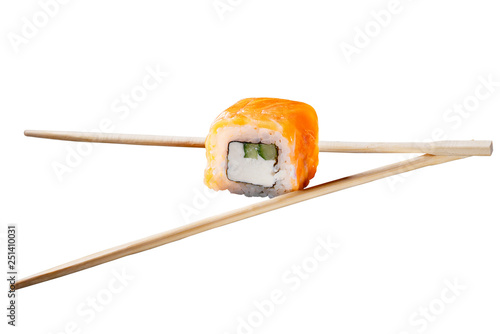 sushi rolls with chopsticks isolated on white background